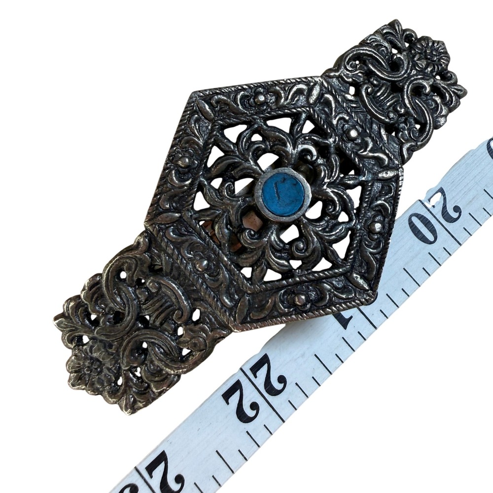 Silver Turquoise Faux Stone Hair Barrette Filigree Victorian Western Boho Style